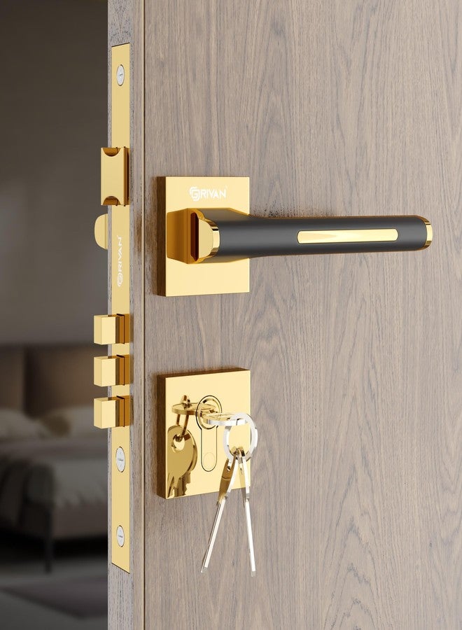 GRIVAN Trendy Brass Mortise Lock for Doors | Mortise Door Lock Handle for Main & Internal Doors Durable Lock Body & 3 Keys Included Home/Office/Hotel (Gold Black Finish) | 2 Years Warranty - Image 1